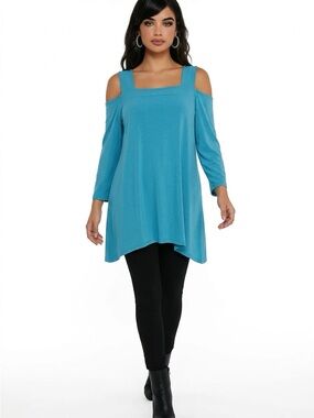 Women's Cold-Shoulder Square Neck Tunic Top - Turquoise Blue
